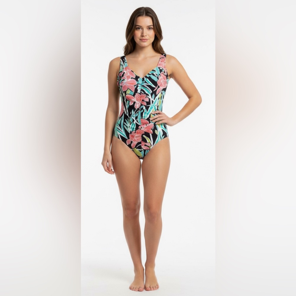 NWT Maxine of Hollywood Shirred Girl Leg One Piece Tropical‎ Swimsuit, Size 14